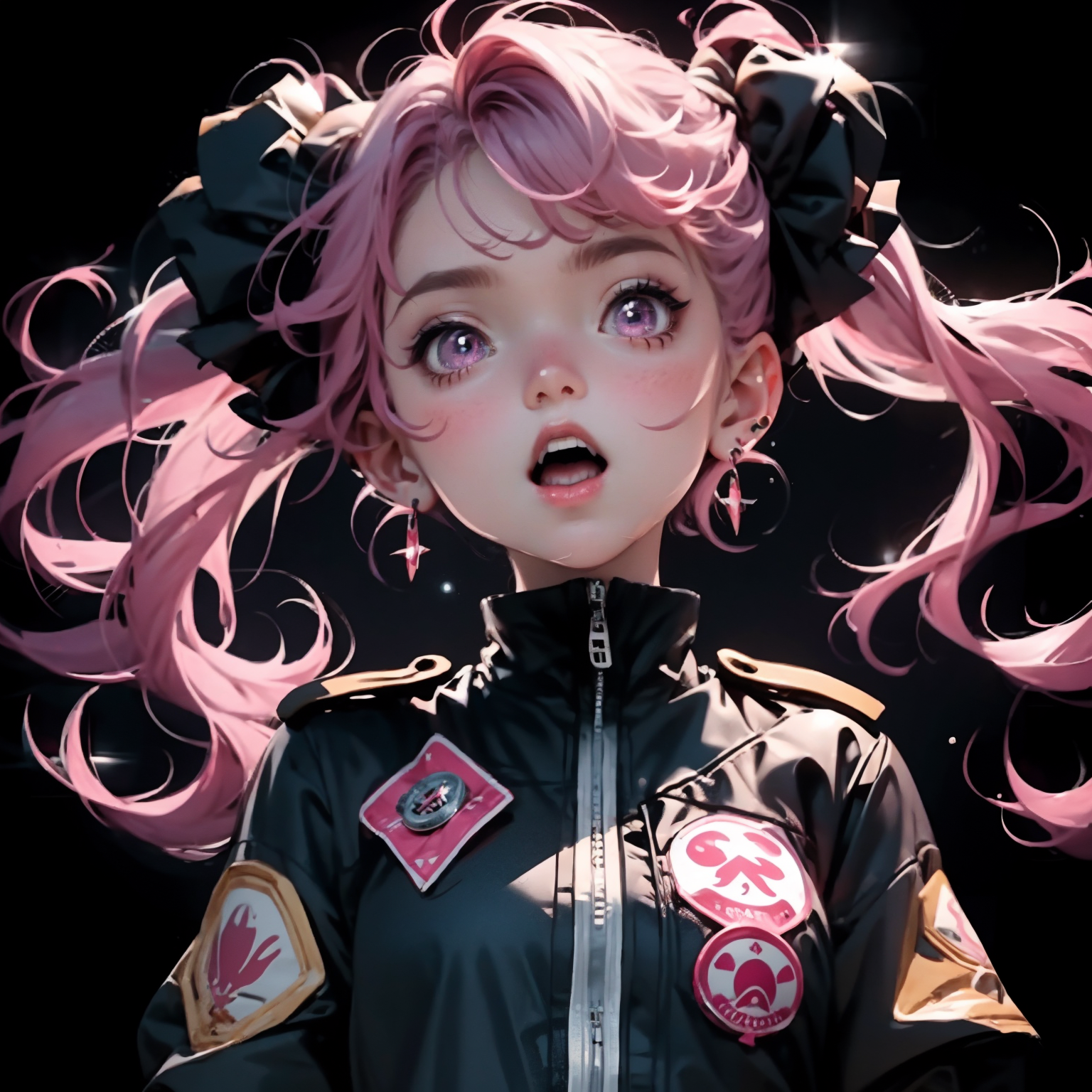 01071-3054245177-1girl, solo, pink hair, open mouth, twintails, badge, pink eyes, long hair, earrings, simple background, upper body, star _(symb.png